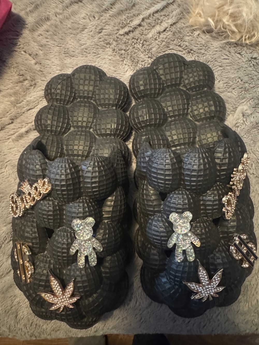 Kids Black Decorative Bubble Slide Sandals with Charms